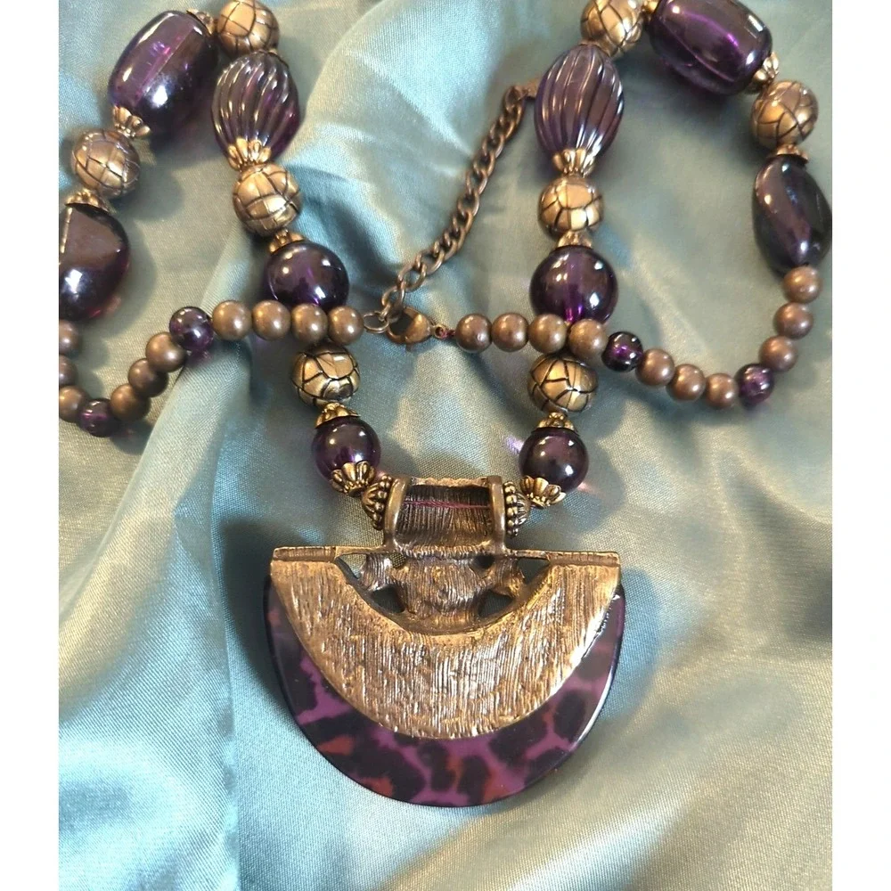 Aldo Signed Large Pendant Necklace Art Deco Inspired Purples Bronze Eye Catcher